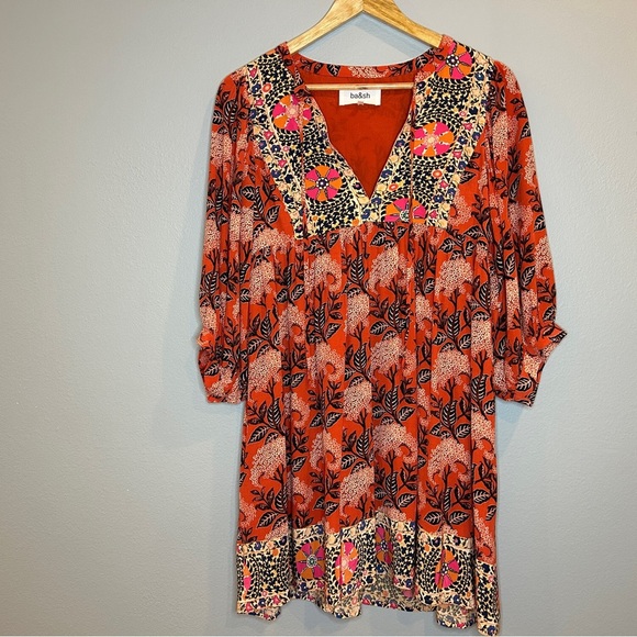 Ba&sh Dress Women's 0 Orange Multi Floral 3/4 Sleeve V-Neck Cottage Core NWT - Picture 2 of 8